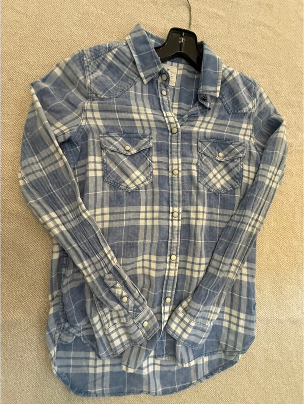 American Eagle Vintage Boyfriend Blue Plaid Button-Up Shirt,